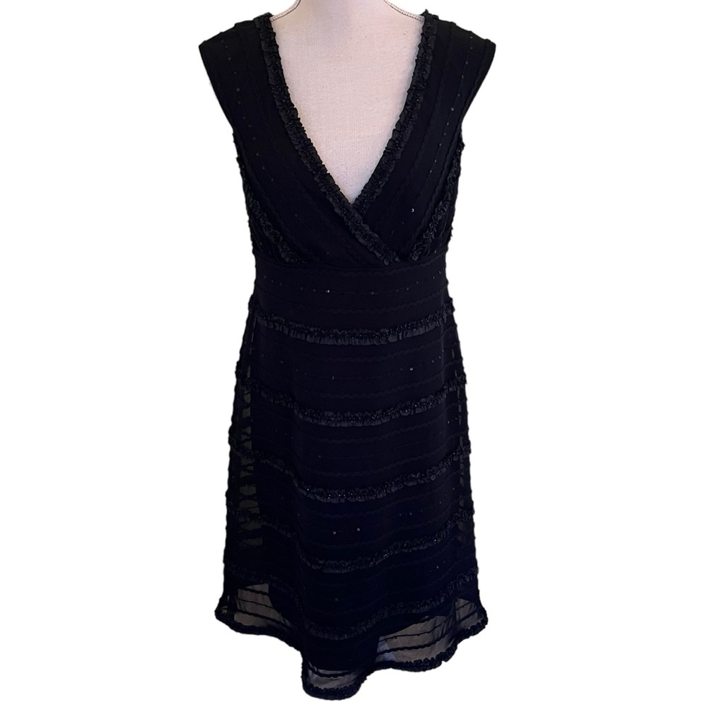 Tadashi Vintage Black Mesh Sequin Ribbonwork Deep Neckline Cocktail Dress
